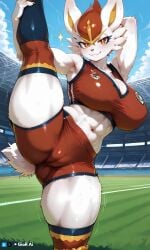 ai_generated big_breasts cinderace furry leg_lift pokemon pokemon_(species) soccer_uniform tight_clothing
