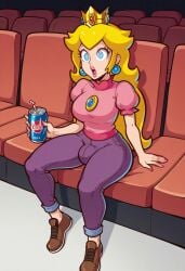 ai_generated big_breasts blonde_hair clothed crown futanari mario_(series) movie_theater nintendo pants princess_peach shirt sitting solo super_mario_bros. super_princess_peach