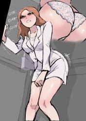 1girls ass big_breasts biku blush breasts brown_eyes brown_hair earrings elevator female hand_between_legs have_to_pee large_ass leopard_print leopard_print_panties original original_character panties pencil_skirt shiny_skin solo solo_female solo_focus stained_panties sweat thighs underwear wet wet_panties white_earrings white_panties white_skirt