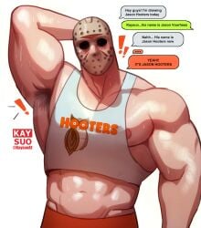 1boy abs bara biceps big_pecs booty_shorts crop_top friday_the_13th gay hairy_armpits hand_behind_head himbo himbo_hooters hooters hooters_uniform jason_voorhees kaysuo male male_focus male_only mask masked masked_male meme meme_attire meme_reference message muscular muscular_male nipples pecs solo solo_focus solo_male sweaty_body sweaty_skin text yaoi