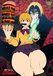 1boy 1girls burger demon finger_in_mouth katsuragi_yako majin_tantei_nougami_neuro nougami_neuro school_uniform schoolgirl short_hair skirt small_breasts suit sweat thegoldensmurf thick_thighs thighs