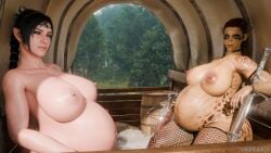 2girls baldur's_gate baldur's_gate_3 big_breasts guidugalle huge_belly huge_breasts lae'zel looking_at_viewer pregnant shadowheart