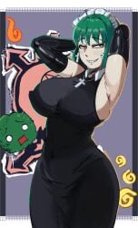 2d 2d_(artwork) armpits arms_behind_head big_breasts black_dress collar cross curvy digital_drawing_(artwork) digital_media_(artwork) earrings female graffiti green_hair iya_maid latex_gloves long_sleeve_gloves looking_at_viewer maid maid_headdress necklace raised_eyebrows shavin65 short_hair sideboob signature sleeveless_dress