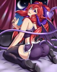 1girls ass clothed girl horns kneeling light-skinned_female lolliebears looking_at_viewer on on_bed red_hair shorts sports_bra succubus thigh_boots thigh_highs wings