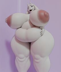 anthro areola belly big_belly big_breasts boss_monster_(undertale) breasts female fur hi_res horn huge_belly huge_breasts huge_thighs looking_at_viewer nipples nude raguda simple_background solo thick_thighs toriel undertale undertale_(series) white_body white_fur wide_hips
