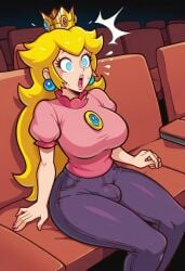 ai_generated big_breasts blonde_hair clothed crown futanari mario_(series) movie_theater nintendo pants princess_peach shirt sitting solo super_mario_bros. super_princess_peach