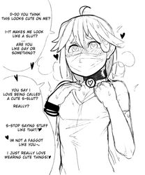 1boy choker collar dialogue english english_text face_mask femboy gay gay_denial girly heart-shaped_pupils joey_(krekk0v) krekk0v looking_at_viewer male_only monochrome original speech_bubble stated_heterosexuality text trap wristband yaoi