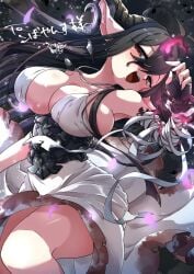 antenna_hair bandaged_arm bandages bare_shoulders black_hair blood blood_on_clothes bloody_clothes bloody_dress breasts cleavage crescent danua draph dress female fingerless_gloves gloves granblue_fantasy hair_between_eyes highres horn_ornament horns jewelry large_breasts long_hair necklace open_mouth pointy_ears red_eyes sakuma_gin_maru_sakuma sleeveless sleeveless_dress smile solo thighs white_dress