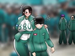 1boy 1girls artist_request big_breasts bigger_female brown_hair curvaceous curvaceous_body curvaceous_female curvaceous_figure curvaceous_hips dr.crow embarrassed embarrassed_female min-su nam-gyu park_min-su player_124 player_125 player_380 se-mi short_hair smaller_male squid_game tagme thanos_(squid_game) thick_thighs thighhighs thighs voluptuous voluptuous_female wide_hips