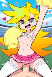 1boy1girl ai_generated blonde_hair blue_eyes breast_out breasts cheerleader_outfit cheerleader_uniform cowgirl_position cowgirl_position floating_heart nipples open_mouth outdoor_sex panty_&_stocking_with_garterbelt panty_anarchy penis pink_skirt pov pussy pussy_juice sky stockings straight sweat vaginal_penetration