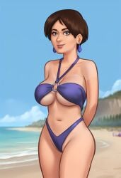 1girls 2d_(artwork) ai_generated beach bikini bikini_bottom bikini_top brown_hair brown_hair civitai cleavage daeisi diane_(summertime_saga) digital_drawing_(artwork) earrings female female_only light-skinned_female light_skin panties pose posing pussy pussy_lips pussy_peek showing_off summertime_saga tanline tanlines underwear vagina