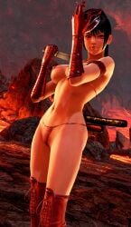 alluring big_breasts bikini black_and_red_and_purple_hair brimstone_and_fire_(stage) cleavage elbow_gloves female hat kitsune_marks kunimitsu_ii kunoichi lava mod namco posing tekken under_boob volcano