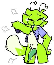 2025 alien antennae_(anatomy) anthro big_tail bottomless bottomless_anthro bottomless_male breath chest_tuft closed_eyes clothed clothing clothing_lift countershading femboy freckles genitals green_body hand_on_hip hi_res male open_mouth penis shirt shirt_lift solo tail tapering_penis topwear tuft unusual_anatomy unusual_genitalia unusual_penis weirdenned zeke_(weirdenned)