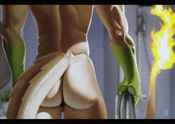 2025 absurd_res anthro ass back_muscles backsack balls biped black_bars brown_balls brown_body butt_focus butt_shot colored detailed digital_drawing_(artwork) digital_media_(artwork) fire flaming_tail genitals gloves_(marking) green_hands hi_res holding_object holding_towel letterbox male male_(lore) markings painting_(artwork) photo_background photo_manipulation photography_(artwork) presenting presenting_hindquarters reiser scales scaly_tail shower shower_room signature slim small_waist solo tail towel widescreen
