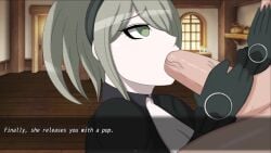 1boy 1girls big_breasts black_dress black_gloves blowjob bravebengal breasts cleavage cum cum_in_mouth cum_inside danganronpa danganronpa_v3 deepthroat english_text female green_eyes green_hair hair_over_one_eye hairband heart-shaped_pupils human licking licking_penis long_video longer_than_3_minutes maid male mp4 music penis screencap short_hair shorter_than_four_minutes sound tagme text toujou_kirumi video visual_novel