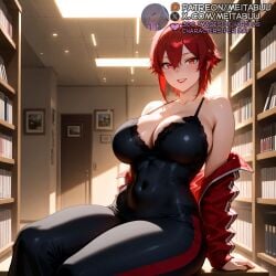 ai_generated aizawa_tomo arm_support bare_shoulders black_bra black_pants black_shirt blush book bookshelf bra breasts cleavage collarbone covered_navel desk feet_out_of_frame female grin hair_between_eyes indoors jacket jacket_partially_removed large_breasts library lips long_sleeves looking_at_viewer meitabuu off_shoulder on_desk open_clothes open_jacket pants parted_lips picture_frame red_eyes red_hair red_jacket red_lips shirt short_hair sidelocks sitting sitting_on_desk sitting_on_table skin_tight smile solo thick_thighs thighs tight_clothes tomo-chan_wa_onna_no_ko track_jacket underwear