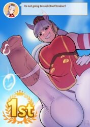 blush breasts english_dialogue futa_only futanari gold_ship_(umamusume) hand_on_hip horsecock huge_breasts intersex looking_down precum ripped_clothing ripped_pants taker_pov text_box umamusume umamusume_pretty_derby white_hair zestysauce
