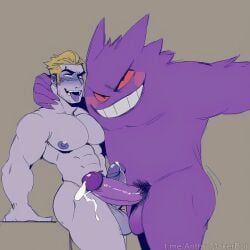 ai_generated cum ejaculation gay gengar huge_cock looking_at_viewer male penis pokemon pokemon_(species) pokephilia possessed possession pubic_hair