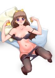 1girls amanogawa_kirara belly_button bra breasts brown_hair earrings female go!_princess_precure light-skinned_female light_skin nypdesu precure pretty_cure purple_eyes solo star_earrings thighhighs toei_animation white_background