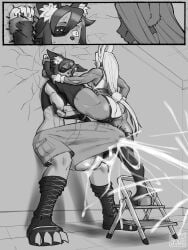 1boy 1girls balls big_balls big_penis bunny_boy bunny_ears bunny_girl bunny_tail crocodraws cum cum_through_clothes cumming faith_(gameruninformed) greyscale hands-free handsfree_ejaculation height_difference huge_balls huge_cock kabedon large_balls large_penis miruko monochrome my_hero_academia ocxcannon original penis scaroused