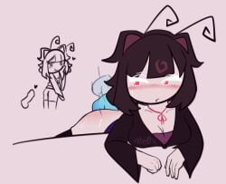 after_sex antennae_(anatomy) artist_signature artist_upload bent_over bent_over_table blush cookie_run cookie_run_kingdom cookie_run_oc doggy_style doodle flat_colors flustered_female fucked_from_behind functionally_nude hair_vents heart m0xb0xx male_penetrating_female motion_lines off_screen_character off_screen_male_character original_character purple_topwear shadow_milk_cookie shawl simple_background stockings sweating thighhighs velvet_witch_cookie_(m0xb0xx) witch