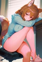 1girls ai_generated animal_ears bare_legs big_breasts brown_hair dog_tail female knee_up looking_at_viewer mamilokuchii sitting virtual_youtuber vtuber