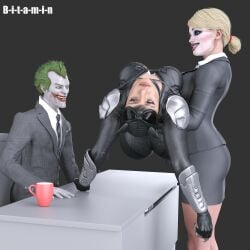 1boy 1boy2girls 2girls 2girls1boy b-i-t-a-m-i-n batman_(series) boobs_out breasts breasts_out carried carrying carrying_another cat_ears catsuit catwoman catwoman_(injustice) dc dc_comics female female_focus injustice_2 joker leather leather_clothing male questionable_consent rape raped raped_by_enemy selina_kyle threesome unconscious