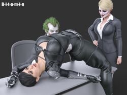1boy 1boy2girls 2girls 2girls1boy arched_back b-i-t-a-m-i-n batman_(series) boobs_out breasts breasts_out cat_ears catsuit catwoman catwoman_(injustice) dc dc_comics female female_focus injustice_2 joker leather leather_clothing male molestation molesting pale-skinned_female pale_skin questionable_consent rape raped raped_by_enemy selina_kyle threesome unconscious