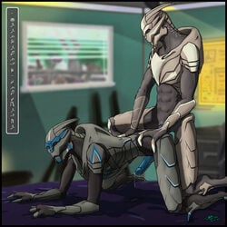 alien all_fours anal anal_sex animal_genitalia bed bent_over blue_penis doggy_style from_behind_position genital_slit jesterdk looking_pleasured male mass_effect nude on_bed penetration penis precum sex slit turian video_games yaoi