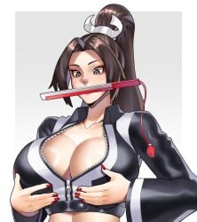 1girls absurd_res absurdres asian asian_female bbw big_breasts bimbo boobs boobs_out breast_grab breasts breasts_out brown_eyes brown_hair busty cleavage clothed clothing crop_top cropped_jacket eyelashes eyeshadow fan fatal_fury fatal_fury:_city_of_the_wolves female female_focus female_only hair_ribbon hand_on_breast hi_res high_resolution highres holding_breast inner_sideboob jacket japanese_female king_of_fighters kof kunoichi large_breasts leather_clothing light-skinned_female light_skin lips lipstick long_fingernails long_nails looking_down mai_shiranui makeup nail_polish navel no_bra object_in_mouth painted_nails pale-skinned_female pale_skin pink_lips pink_lipstick pinup ponytail red_nail_polish red_nails ribbon skimpy skimpy_clothes snk solo solo_female solo_focus street_fighter street_fighter_6 the_king_of_fighters tied_hair very_high_resolution whysoblau