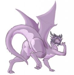 all_fours anus ass brown_eyes claws clitoris countershading dragon edit female feral hair hi_res horn looking_at_viewer looking_back presenting presenting_hindquarters presenting_pussy purple_scales pussy raised_leg scales scalie simple_background solo tail_anus thatweirdguyjosh wings