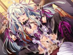 3boys amakubo_yuri black_gloves black_panties boots breasts bukkake censored clothing_aside cowgirl_position cum cum_in_pussy cum_on_body cum_on_breasts cum_on_clothes cum_on_hair double_handjob facial female game_cg gangbang gloved_handjob gloves green_hair group_sex hair_ribbon handjob inoino kouyoku_senki_exs-tia large_variant_set long_hair male mosaic_censoring multiple_boys nipples non-web_source official_art open_mouth panties panties_aside penis purple_eyes purple_ribbon pussy revealing_clothes ribbon sex small_breasts smile solo_focus squatting straddling straight sunset thighhighs twintails underwear vaginal_penetration variant_set white_hair