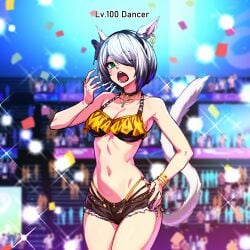 butterfly_hair_ornament ear_piercing erosussu eyelashes final_fantasy final_fantasy_xiv green_eyes hair_ornament headband hi_res minishorts miqo'te painted_nails samael_(5211) samaero thong thong_straps white_hair yawn