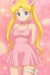 ai_generated bishoujo_senshi_sailor_moon blonde blonde_hair blue_eyes female flowers_in_hair pink_dress sailor_moon usagi_tsukino