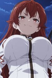 1girls ai_generated big_breasts busty eris_greyrat female female_only from_below hi_res large_breasts looking_at_viewer mushoku_tensei naughty_face night red_eyes red_hair smile solo very_long_hair voluptuous