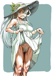 1girls bags_under_eyes bare_shoulders braid breasts colored_eyelashes commentary_request cowboy_shot dress dress_lift eyelashes female female_only female_pubic_hair flower hair_between_eyes hairy_pussy hat hat_flower highres knees lifted_by_self long_dress long_hair looking_at_viewer mandator_(ziga) medium_breasts muscular_female no_panties pale-skinned_female pale_skin perky_breasts pleated_skirt plump_labia pubic_hair pussy radiohead sharp_teeth side_braids slit_pupils solo standing sun_hat sundress sweat symbol-shaped_pupils teeth thighs tied_hair twin_braids unusual_pupils white_dress white_hair white_pubic_hair wristband yellow_eyes ziga