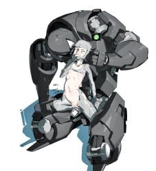 1boy barely_clothed breasts cyborg english_commentary english_text female flat_chest grey_hair grinding hi_res humanoid_robot male midriff muscular navel original original_character penis pipebomb_(cracker68659106) pussy pussy_juice robot robot_humanoid robot_penis robotic_arm robotic_penis sitting_on_lap small_breasts text