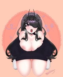 1girls areolae areolae_slip black_hair blush breasts cleavage elara_(vtuber) elf elf_female female female_only hair_over_one_eye heavy_breathing huge_breasts indie_virtual_youtuber light-skinned_female light_skin looking_at_viewer maehimee nipple nipple_slip one_eye_obstructed open_mouth red_eye solo sweater thick_thighs tiara virtual_youtuber