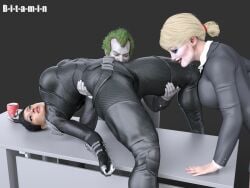 1boy 1boy2girls 2girls 2girls1boy arched_back b-i-t-a-m-i-n batman_(series) boobs_out breasts breasts_out cat_ears catsuit catwoman catwoman_(injustice) dc dc_comics female female_focus injustice_2 joker leather leather_clothing male molestation molesting pale-skinned_female pale_skin questionable_consent rape raped raped_by_enemy selina_kyle threesome unconscious
