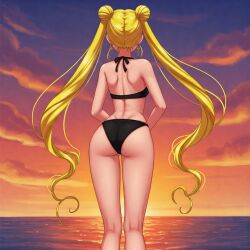 ai_generated ass beach bikini bishoujo_senshi_sailor_moon black_bikini blonde_hair female sailor_moon standing usagi_tsukino