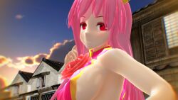 1girls 2023 3d afternoon armpit breast breasts clouds female female_only flower hati_yukkuri_mmd horn jpeg kasen_ibaraki light-skinned_female long_hair_female looking_at_viewer looking_down_at_viewer mmd nipple_outline oni pink_eyes_female pink_hair_female sideboob sky touhou village