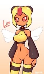 1girls anthro anthrofied arthropod bare_shoulders bee belly big_breasts blush bottomless breasts choker clothed clothing eyelashes female female_only hymenopteran insect lin_(nekuzx) looking_at_viewer navel nekuzx nintendo no_panties orange_background orange_skin original_character pokémon_(species) pokemon pokemon_dppt pussy red_eyes shirt solo standing striped_thighhighs tank_top text thighhighs thin_waist vespiquen video_games watermark white_border wide_hips wings yellow_thighhighs