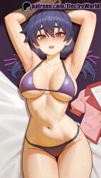 1girls 2025 ai_generated armpits arms_up artist_name bakemonogatari bed_sheet bikini black_hair blush breasts breasts breasts brown_eyes bust chest electroworld female hi_res high_quality high_resolution highres kanbaru_suruga laying_down long_hair looking_at_viewer lying lying_on_back monogatari_(series) navel on_back open_mouth patreon patreon_username purple_bikini ribbon sheet_grab stable_diffusion sweat swimsuit watermark