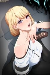 2d 2d_(artwork) 2d_artwork blonde_female blonde_hair blonde_hair_female breasts cha_hae_in female looking_at_viewer neocoill off-shoulder_shirt off_shoulder purple_eyes purple_eyes_female sfw short_blonde_hair short_hair solo_leveling