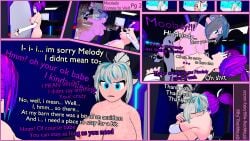 3d 3d_(artwork) blue_eyes boobs_pressed casual_nudity comic cow_ears cow_girl cow_horns cow_print melody_(projektmelody) melware_(projektmelody) moolady_(projektmelody) ponytail projektmelody purple_hair red_eyes virtual_youtuber vshojo wet_body wet_skin white_hair