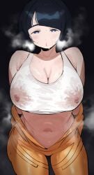 black_background black_hair blue_eyes blunt_bangs breasts cleavage female gundam gundam_gquuuuuux highres large_breasts mature_female navel nipples no_sclera okpriko see-through_clothes shiiko_sugai solo steam steaming_body sweat very_sweaty
