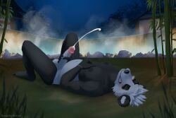 abs anthro ass athletic athletic_male balls bear belly big_belly blush bodily_fluids cum ejaculation erection feet fur genital_fluids genitals giant_panda hair hi_res hot_spring humanoid lying male mammal masturbation muscular naughty_borzoi nipples nude on_back on_ground onsen open_mouth outside overweight penile penile_masturbation penis solo teeth termal_water water white_body white_fur