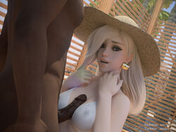 3d amiris4 areolae blender blonde_hair blue_eyes breasts dark-skinned_male erection female interracial male mercy nipples overwatch paizuri penis straight