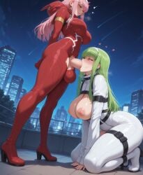 hi_res highres high_resolution high_quality self_upload patreon civitai stable_diffusion ai_generated ai_art upscaled uncensored futanari futa_focus dickgirl penis busty voluptuous voluptuous_futa curvy curvy_figure balls ballsack dickgirl_focus huge_penis huge_cock cock yuckle 1girls 1girl 1futa futa_on_female futa_with_female female blowjob blowjob_face fellatio fellatio_face c.c. code_geass zero_two_(darling_in_the_franxx) darling_in_the_franxx pink_hair green_hair pink_eyes green_eyes bodysuit ripped_clothing ripped_clothes torn_clothes torn_clothing torn_bodysuit low-angle_view full_body fully_clothed side_view sucking_penis sucking