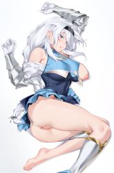 absurdres ass black_headband blue_dress blue_eyes braid braided_ponytail breasts clothing_cutout commentary commission das_(dan_dan) dress english_commentary female gloves headband highres kneehighs large_breasts long_hair lying nipples on_side original pussy shoulder_cutout sidelocks simple_background socks solo torn_clothes vambraces variant_set white_background white_gloves white_hair